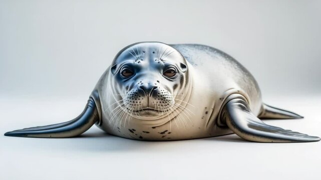 Lone common seal reclining on white