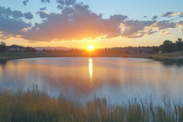 Serene sunset reflection over tranquil lake nature peaceful landscape view