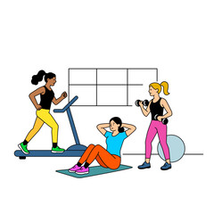Sportswomen girls training in the gym. Lifting barbells and dumbbells, running on a treadmill, stretching. flat vector linear illustration