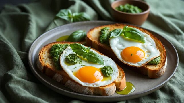 Fried egg sandwich with pesto sauce and basil on a linen tablecloth. Selective focus and copy space.