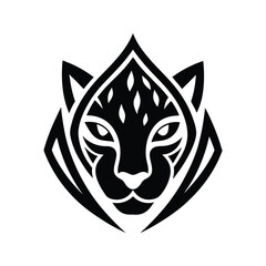 Elegant black and white vector illustration depicting a stylized cheetah head design suitable for logos and branding