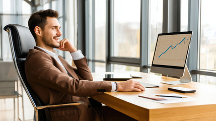 Obraz premium Delighted businessman enjoys stock market growth, financial success,