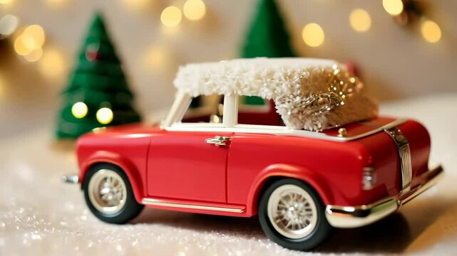 a festive red toy car adorned with a snowy white roof, parked amongst twinkling lights and tiny Christmas trees. It evokes cheerful holiday spirit.
