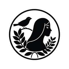 Obraz premium Elegant black and white vector illustration featuring a bird woman silhouette in a circular design