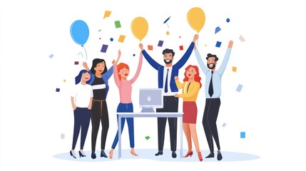 Team Success Celebration: Joyful Colleagues Celebrate Achievements with Balloons and Confetti