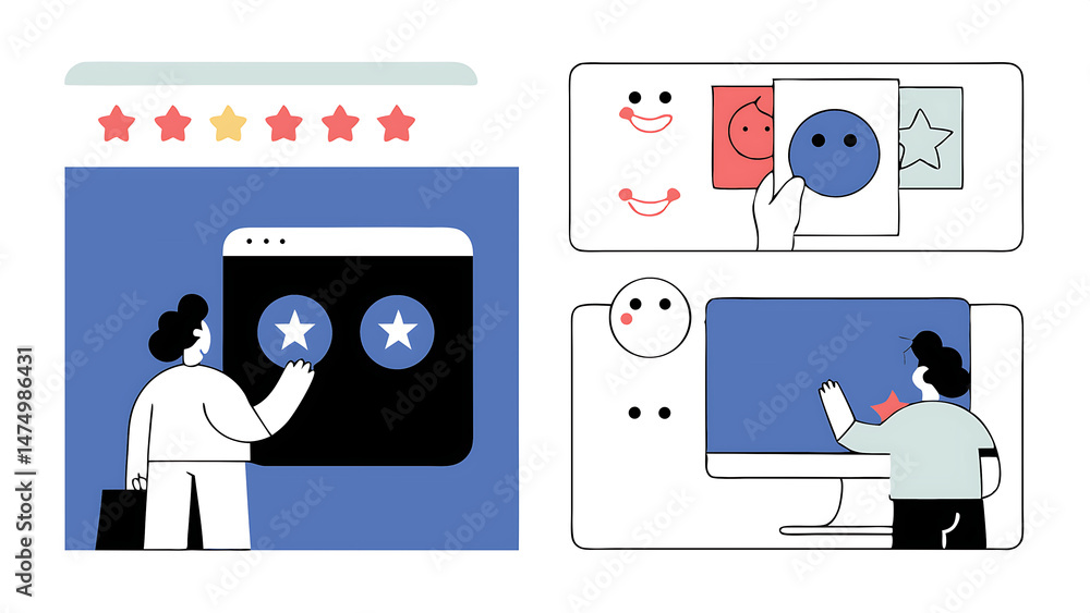 Poster customer feedback and user experience illustration set characters giving review to customer service 