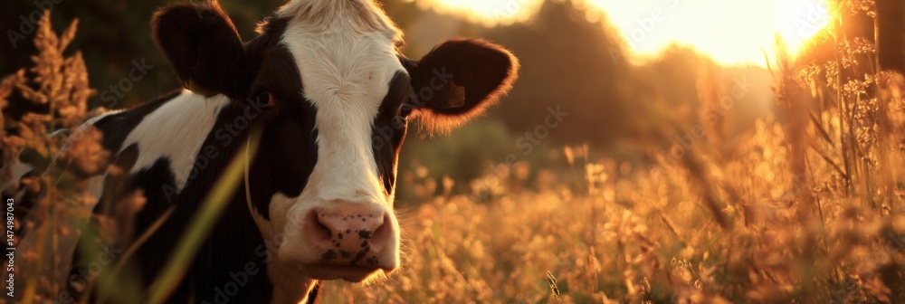 Aufkleber Cow Grazing in a Field at Sunset With Blurred Grass Creating a Serene Atmosphere in the Background