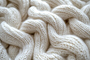 Close up of a warm and cozy hand knitted cable knit off white yarn fabric