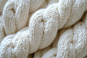 Close up view of a warm cream colored cable knit textured fabric