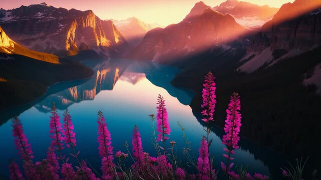 Overhead perspective of hues on mountains and their reflection on the lake. Common fireweed blooming up front.