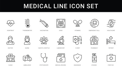 Thin line vector icon set - Medicine and Health symbols. Black and White simple set. editable stroke, outline icons