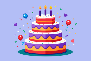 Delicious Three Layered Birthday Cake with Candles and Balloons