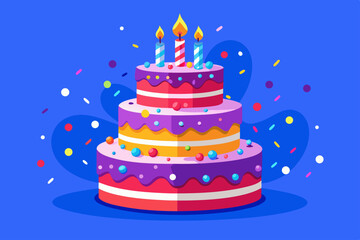 Delicious Three-Layered Birthday Cake with Candles and Sprinkles