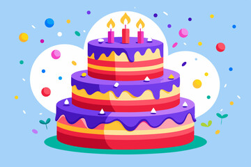 Delicious Three Layered Birthday Cake with Candles and Confetti