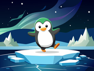 penguin cartoon sliding on cracked ice  black sky 