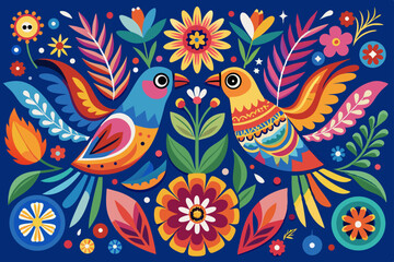 Vibrant Folk Art Birds and Flowers Design Illustration