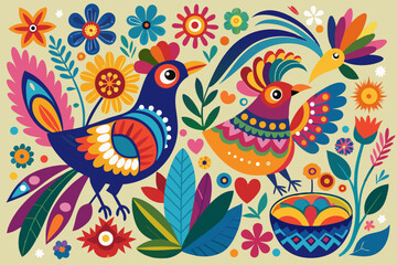 Vibrant Folk Art Birds and Flowers Design Illustration