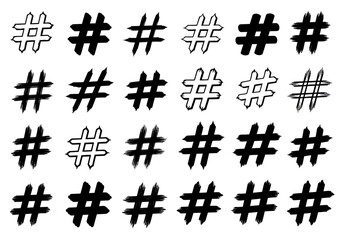 Black hashtag symbol pattern background, social media marketing, vector art, brush stroke, grunge style design on transparent background silhouette


