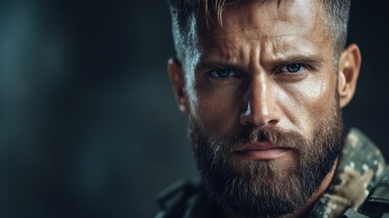 A powerful close-up of a serious male soldier, embodying strength, determination, and the essence of military pride in a dramatic and rugged setting.