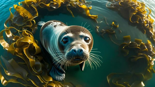 Aerial perspective of the Elephant seal in Kelp forest.
