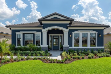 Modern blue house, sunny Florida, landscaping, real estate