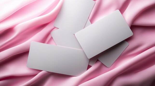 A collection of blank white cards elegantly placed on a soft, flowing pink fabric, creating a minimalist composition ideal for personalized messaging or branding.