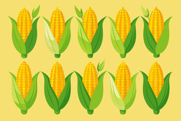 Ten Cartoon Corn Cobs with Husks and Leaves Illustration