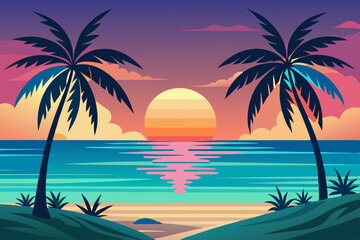 Obraz premium Tranquil Sunset Beach Scene with Two Palm Trees