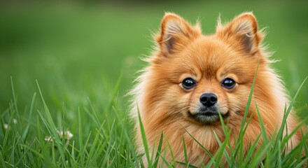 A Pomeranian dog peeks out of the green grass in a meadow on a sunny day, a companion pet, a lawn, a cute pose of a friend