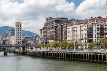The river Nervion and the Abando neighborhood in the city center of Bilbao, northern Spain