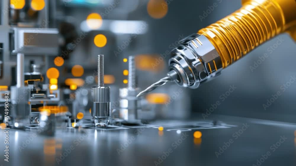 Poster close-up of precision tools and machinery in technological workshop environment with bokeh effect 4k