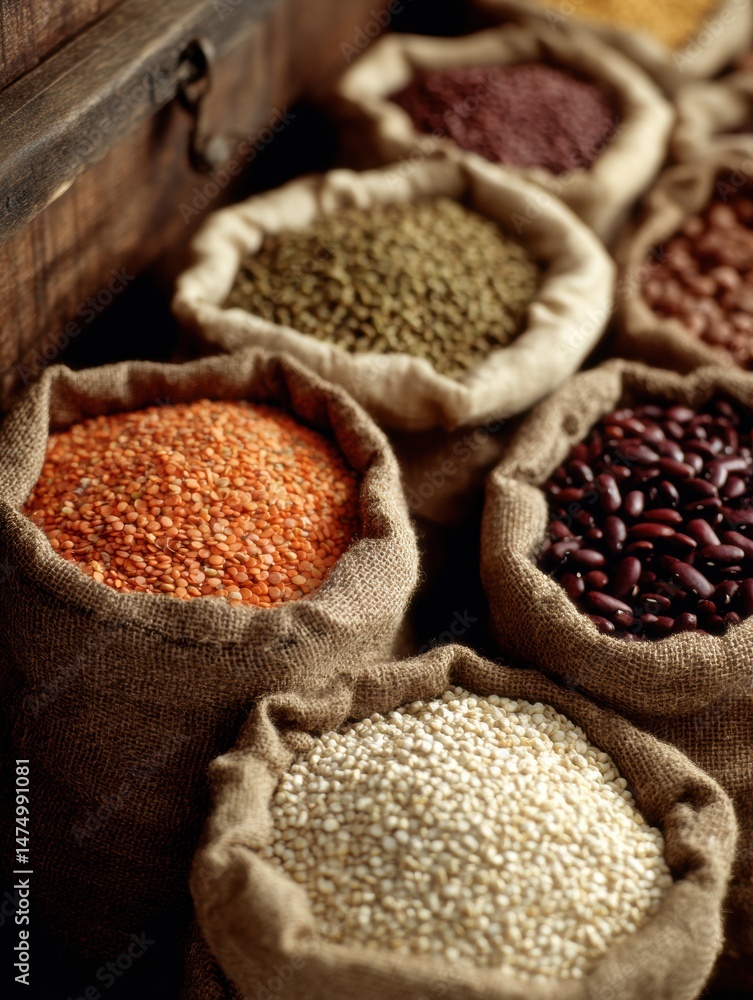 Aufkleber close-up view of various grains and legumes in fabric sacks displayed on rustic wooden surface