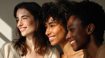 Obraz premium Three women enjoying a sunny afternoon together, showcasing diverse beauty and friendship in a cozy indoor setting