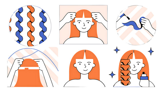 hair care illustrations set collection of girl making styling waves with heatless curl band beauty concept vector illustration 46067787 1