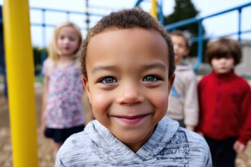 Joyful child smiles at the camera during playtime at a park with friends in the early evening light