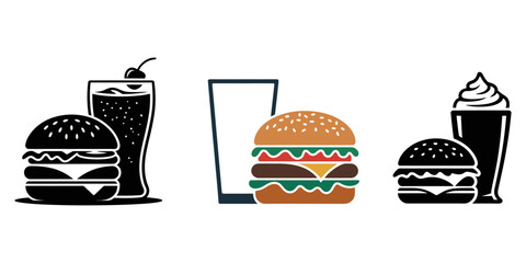 Colorful illustration of a burger with fries and a drink, showcasing a classic fast food meal, Burger and drink icon, hamburger and soda silhouette vector illustration, hamburger silhouette vector.