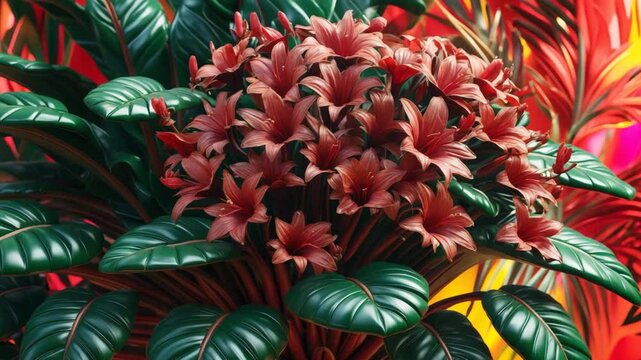 The red trunk bears scabbard leaves that are lance-shaped, plump, and dark green, adorned with a bouquet of reddish-brown.