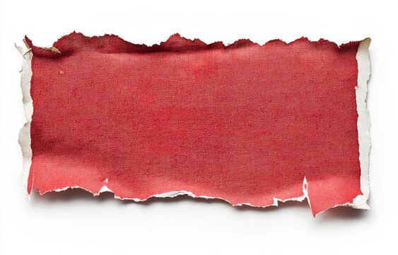 Red ripped paper fragment against white background.  It's a rectangular piece of crimson paper with uneven edges, torn and frayed