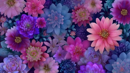 Fototapeta premium Floral Abundance Close-Up: Pink Purple Blue Flowers in a Garden of Color and Light, Botanical Art