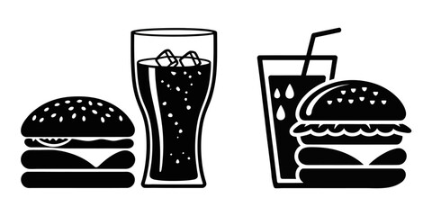 Colorful illustration of a burger with fries and a drink, showcasing a classic fast food meal, Burger and drink icon, hamburger and soda silhouette vector illustration, hamburger silhouette vector.