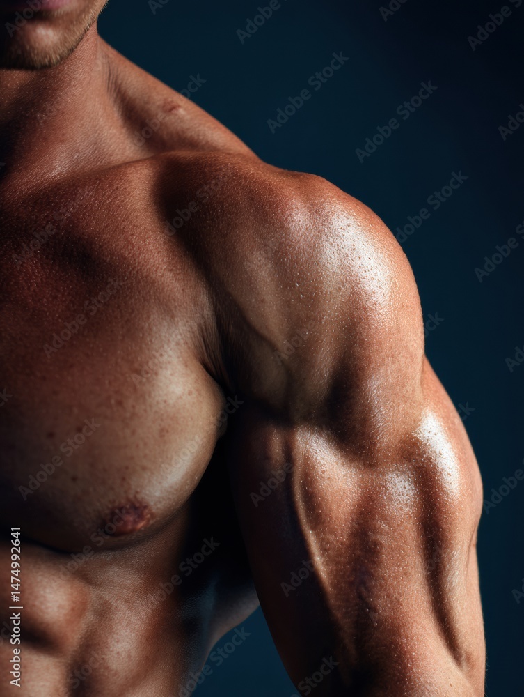 Poster close-up view of well-defined biceps during a workout session with dramatic side lighting in a fitne