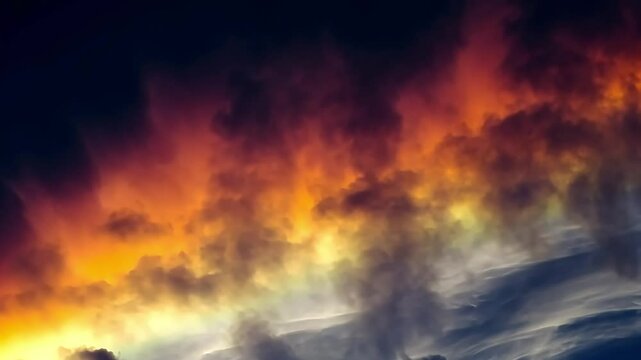 Dramatic sunset sky with fiery orange, yellow hues blending into dark, ominous clouds - Powered by Adobe
