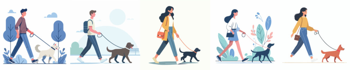 vector of a young man walking with his pet dog