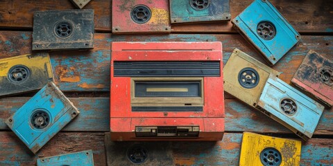 Vintage cassette tape player and tapes home visual collection retro vibe