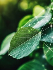 Leaf close up with digital network overlay nature connectivity technology concept vibrant green foliage detail