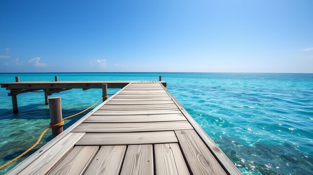 A tranquil wooden pier extends into a vibrant turquoise ocean under a clear blue sky on a sunny day offe serenity and peace.