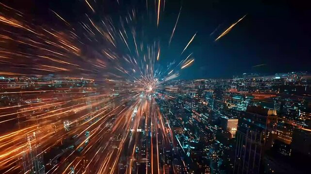Exploding cityscape at night with vibrant light streaks radiating outwards