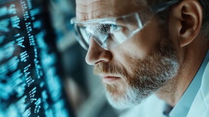 A focused male scientist, wearing glasses, examines digital data displayed on a screen, representing dedication to research and the pursuit of knowledge in a lab environment.