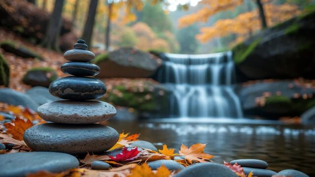 Charming fall vista of a waterfall accompanied by multiple zen stones