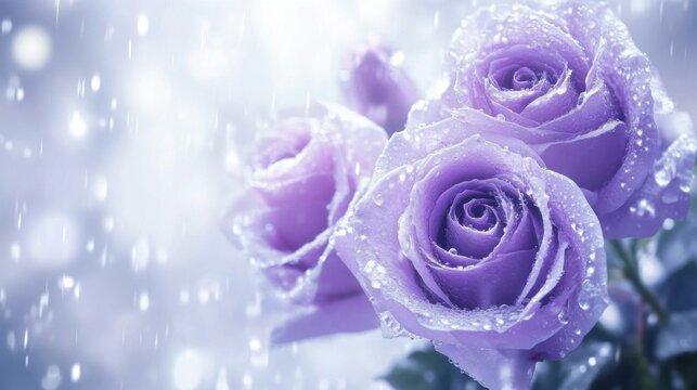 Purple roses close up with water droplets in soft light romantic floral still life for wedding or love concept